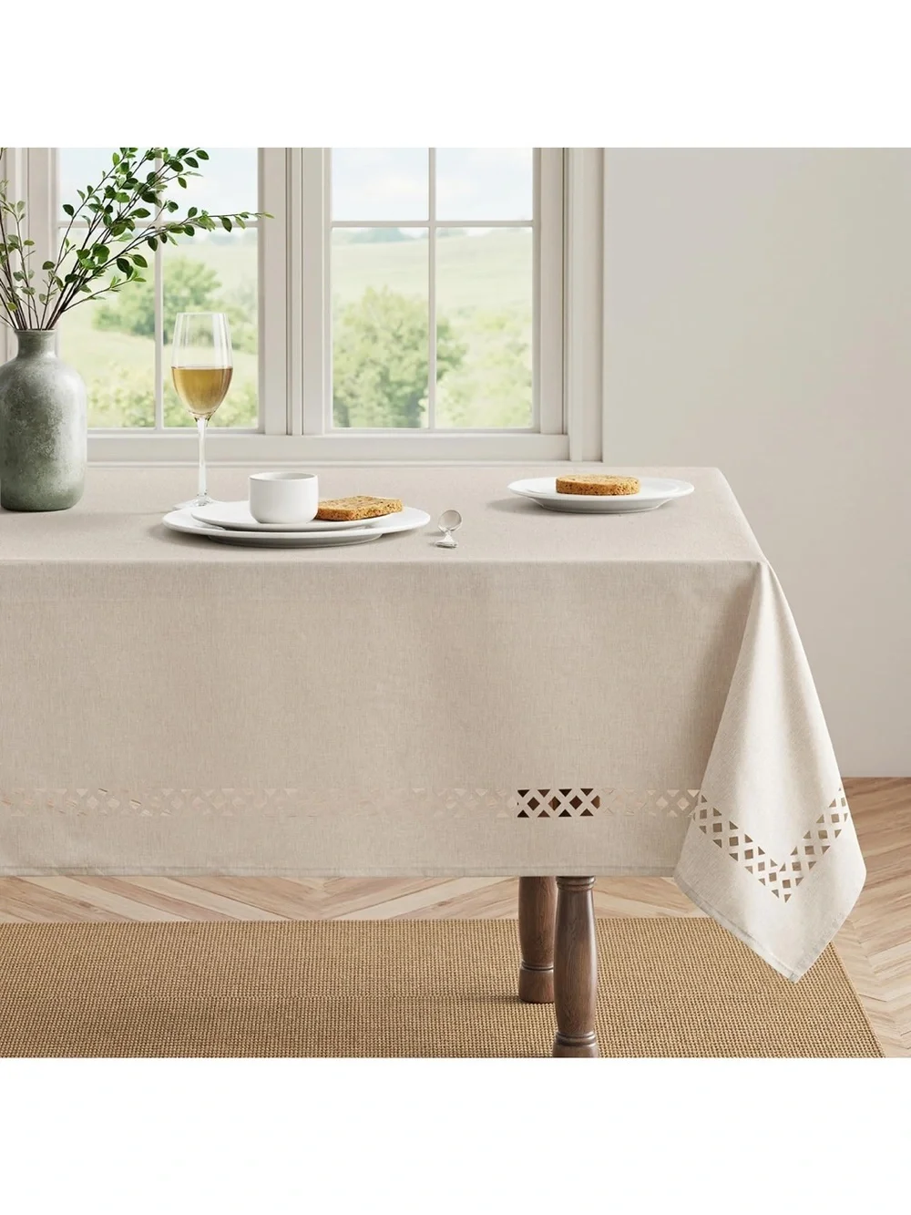 Beige Rectangle Linen Polyester Tablecloth With Decorative Cutouts 1494/bb8-1
